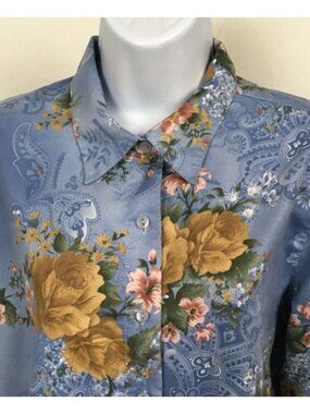 Lemon Grass Top Size M Blue w Pink Brown Flowers Button down Long Sleeves Blouse